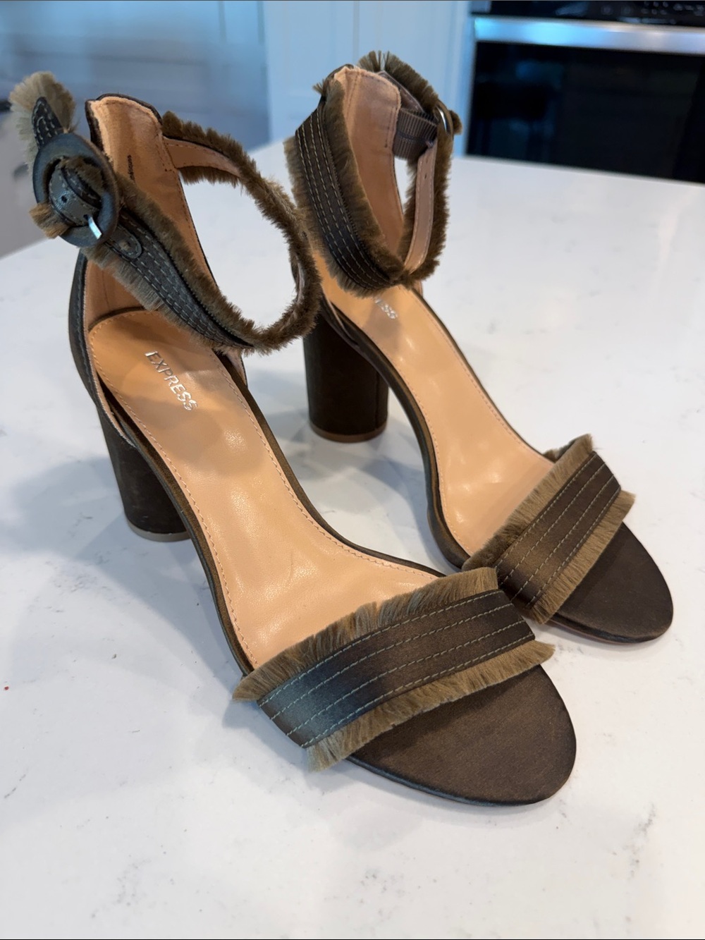 Express Olive Brown Fur-Trim Block Heel Sandals